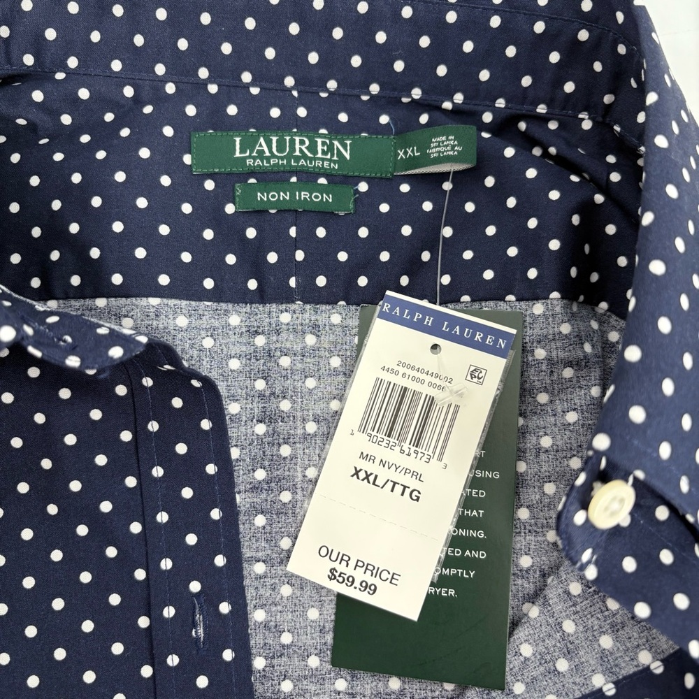 Lauren Ralph Lauren Navy Blue White Polka Dots Women’s Button Down Shirt - Picture 8 of 9